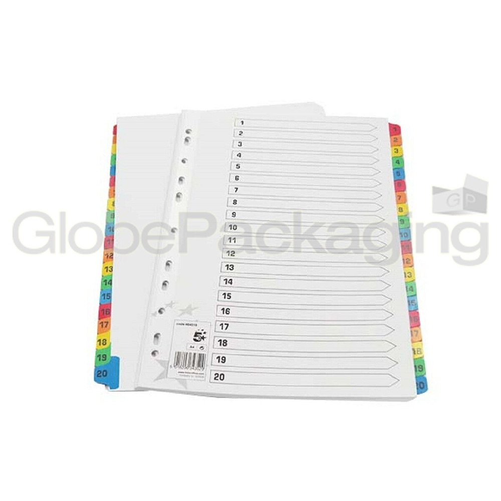 5 x SETS OF A4 FILE DIVIDERS NUMBERED 1-20 PLASTIC TABS
